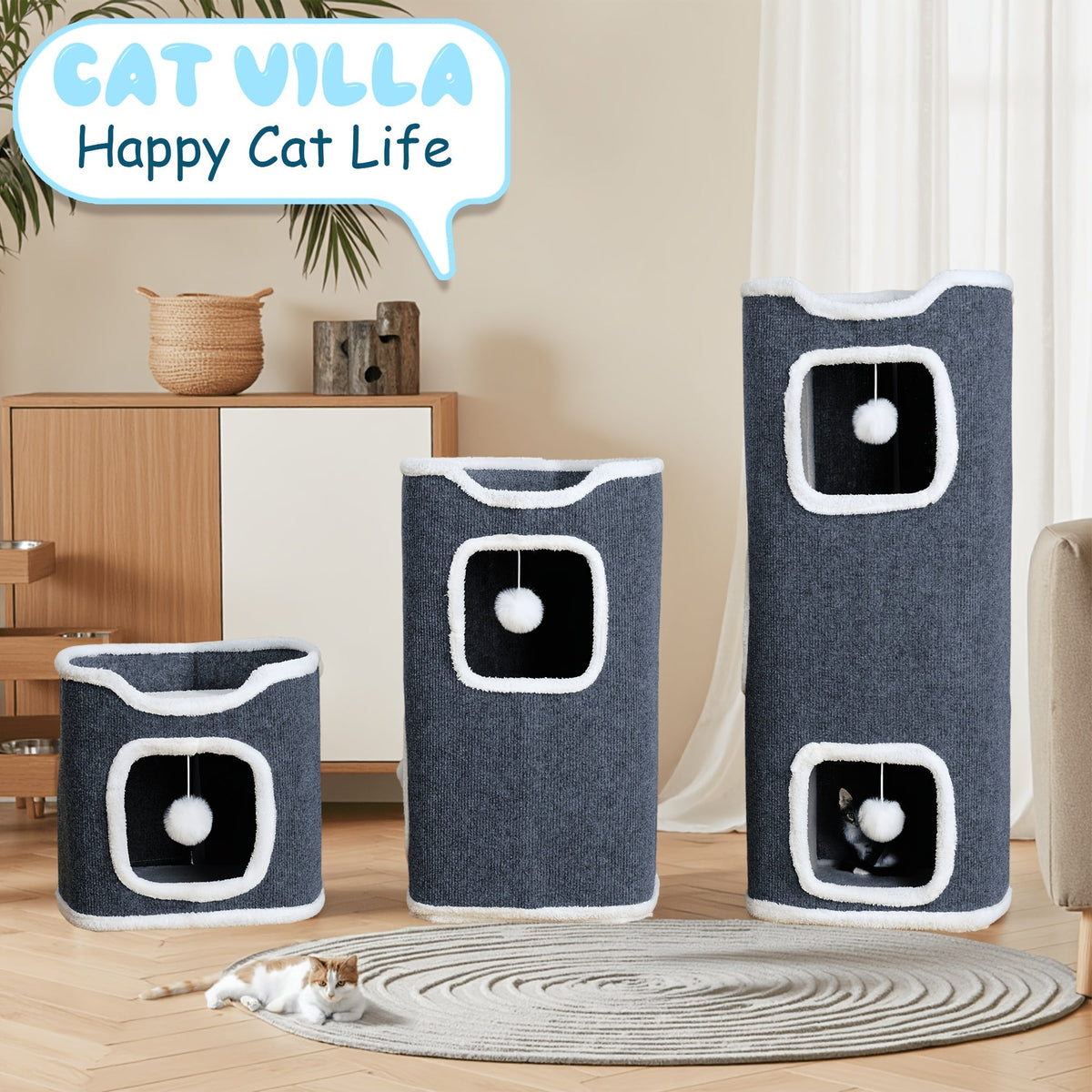 Arbre à chat pliable multi-niveaux pour chats d'intérieur – Griffoir, perchoir confortable, niche avec balle suspendue, refuge, panier douillet, options 1/3/4 étages