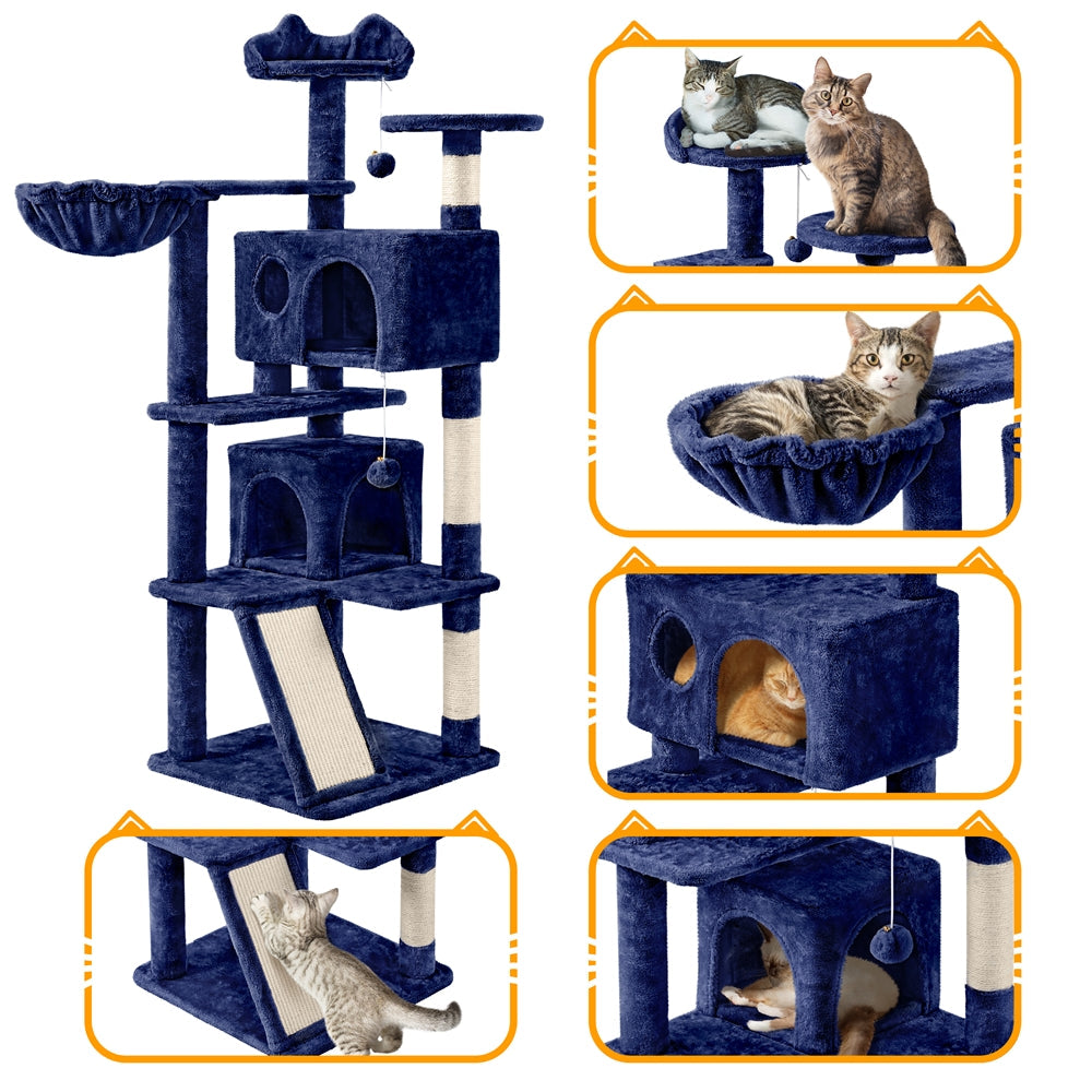 Arbre à chat multiniveaux de 145 cm avec 2 niches – poteaux à griffer en sisal, balle suspendue, plateforme ronde et échelle pour chatons et petits chats d'intérieur, 6 couleurs, cadeau de Noël pour les amoureux des chats