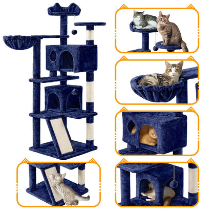 Arbre à chat multiniveaux de 145 cm avec 2 niches – poteaux à griffer en sisal, balle suspendue, plateforme ronde et échelle pour chatons et petits chats d'intérieur, 6 couleurs, cadeau de Noël pour les amoureux des chats