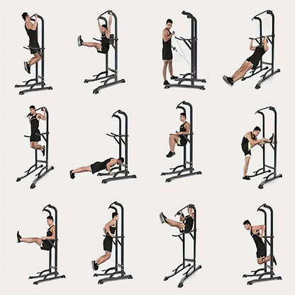 Station de musculation Power Tower avec barre de traction et poste à dips – Hauteur réglable 127-230 cm, capacité 150 kg, équipement de musculation multifonction pour hommes et femmes, bandes élastiques incluses