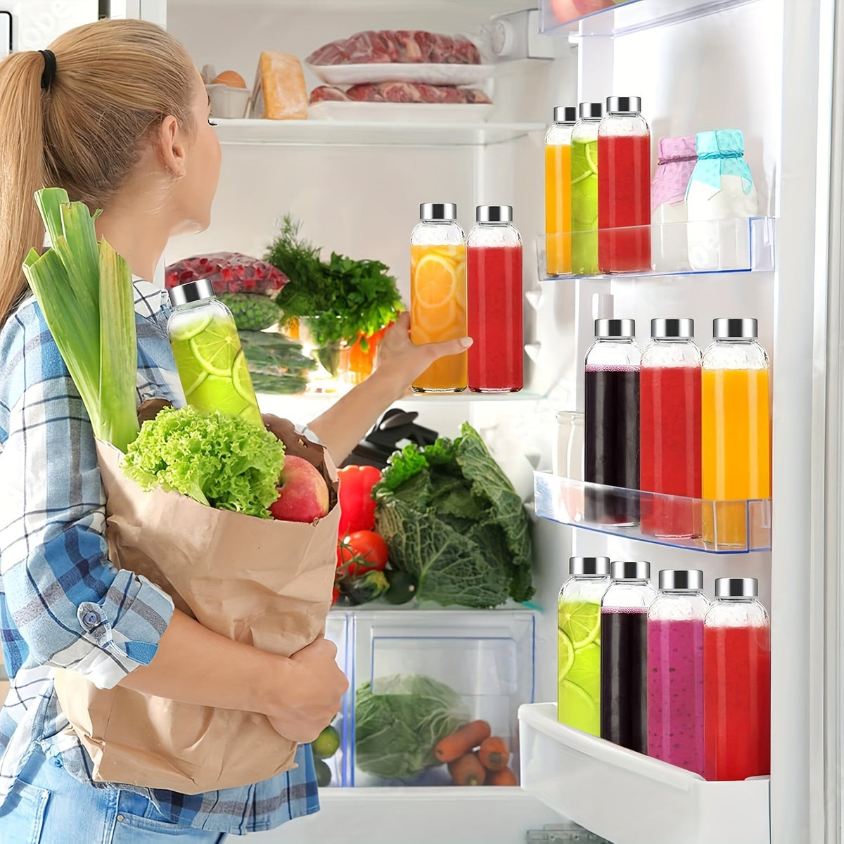 Lot de 6 bouteilles d'eau en verre de 530 ml avec couvercles, bouteilles à jus réutilisables sans BPA avec bouchons en acier inoxydable, contenants 100 % étanches pour réfrigérateur, smoothies et boissons, inclut brosse de nettoyage et entonnoir