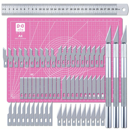 Kit de découpe de précision Exacto de 65 pièces avec tapis de découpe A4 – Ensemble de couteaux de précision avec lames et règles de découpe pour modélisme papier, loisirs créatifs, scrapbooking, art et carterie