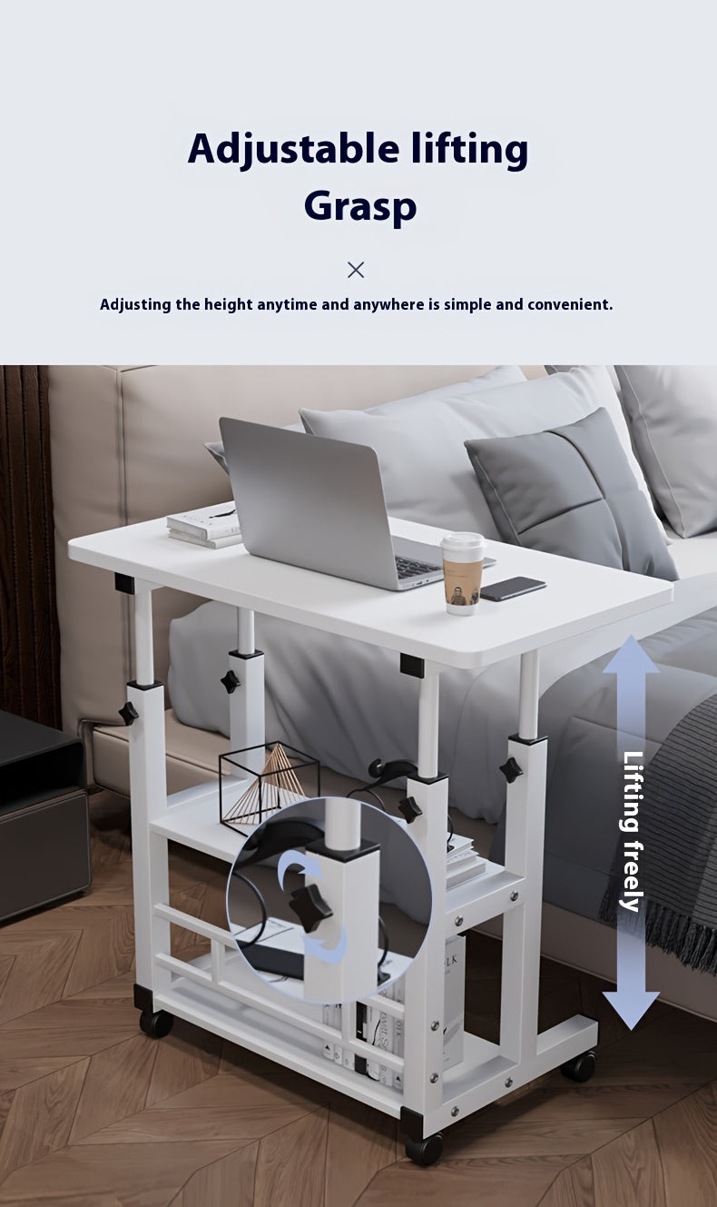 Bureau pliant à roulettes à 3 niveaux, hauteur réglable, plateau extensible, étagère de rangement pour ordinateur portable, bureau à domicile, chambre, salon, table d'ordinateur