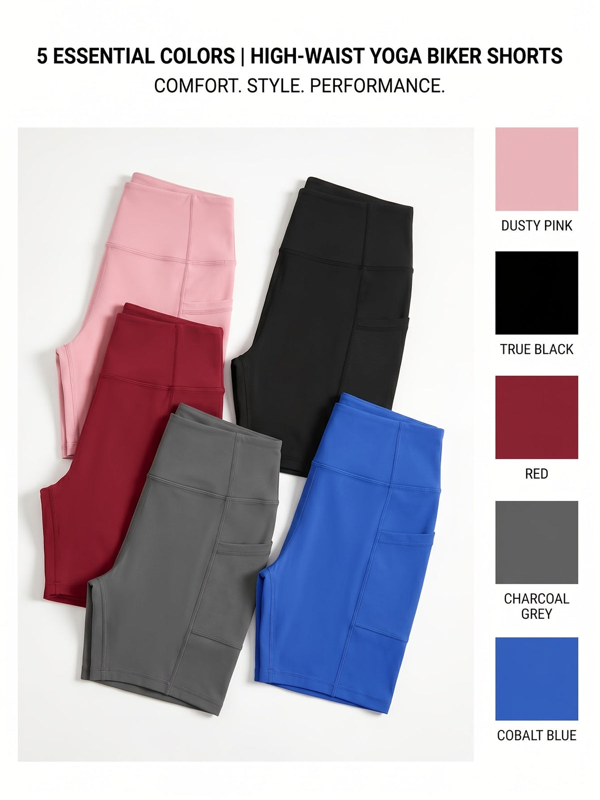Lot de 5 shorts de cyclisme taille haute pour femme avec poches – Shorts de sport pour yoga, gym et running, tissu polyester extensible, tailles M à XXL, ensemble aux couleurs variées pour femmes actives