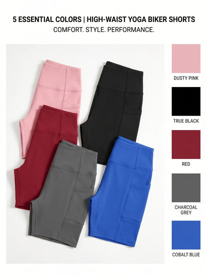 Lot de 5 shorts de cyclisme taille haute pour femme avec poches – Shorts de sport pour yoga, gym et running, tissu polyester extensible, tailles M à XXL, ensemble aux couleurs variées pour femmes actives