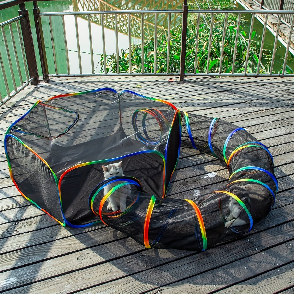 Parc pour chat Rainbow, enclos extérieur pour chat avec tunnel circulaire et tente pop-up portable, aire de jeu pliable pour chats, chatons et petits animaux, usage intérieur et extérieur