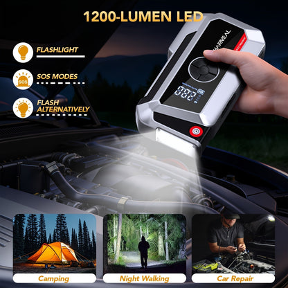 Démarreur de voiture 20000A avec compresseur d'air, batterie externe portable 18-en-1 – Pinces intelligentes, charge rapide, lampe LED, grand écran pour tous moteurs essence et diesel, booster de batterie de voiture d'urgence