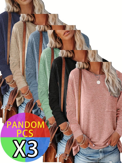 Lot de 3 t-shirts à manches longues pour femme, hauts basiques décontractés et doux avec poche poitrine et ourlet fendu – T-shirts chauds et confortables pour femme S M L XL XXL Automne Hiver
