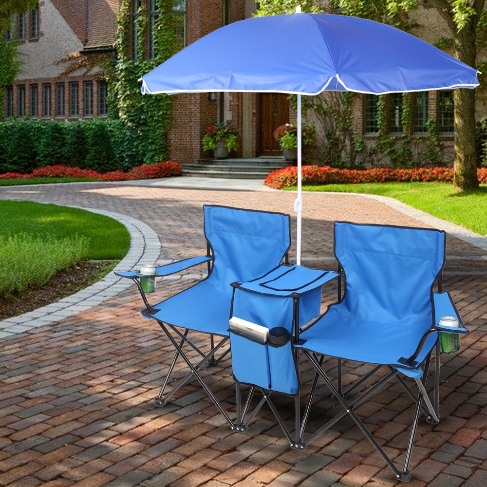 Chaise pliante d'extérieur pour 2 personnes avec parasol amovible – Canapé de camping portable avec accoudoirs pour la pêche, la plage, le bronzage et le pique-nique