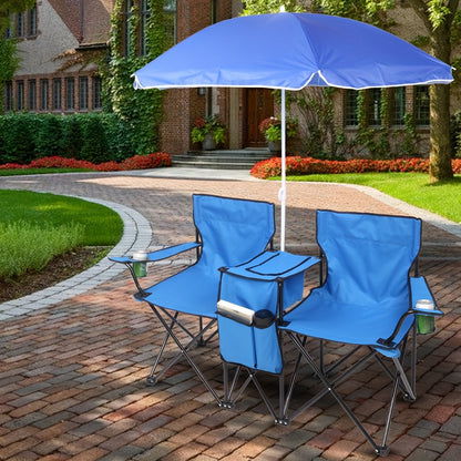 Chaise pliante d'extérieur pour 2 personnes avec parasol amovible – Canapé de camping portable avec accoudoirs pour la pêche, la plage, le bronzage et le pique-nique