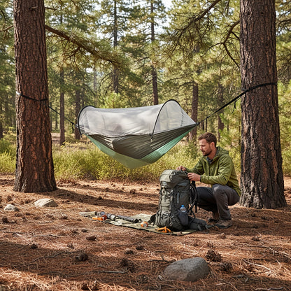 Hamac de camping double 3-en-1 avec moustiquaire et pare-soleil – Léger, portable et durable, idéal pour le camping, la randonnée, le trekking et les pique-niques dans les parcs, 7 coloris au choix