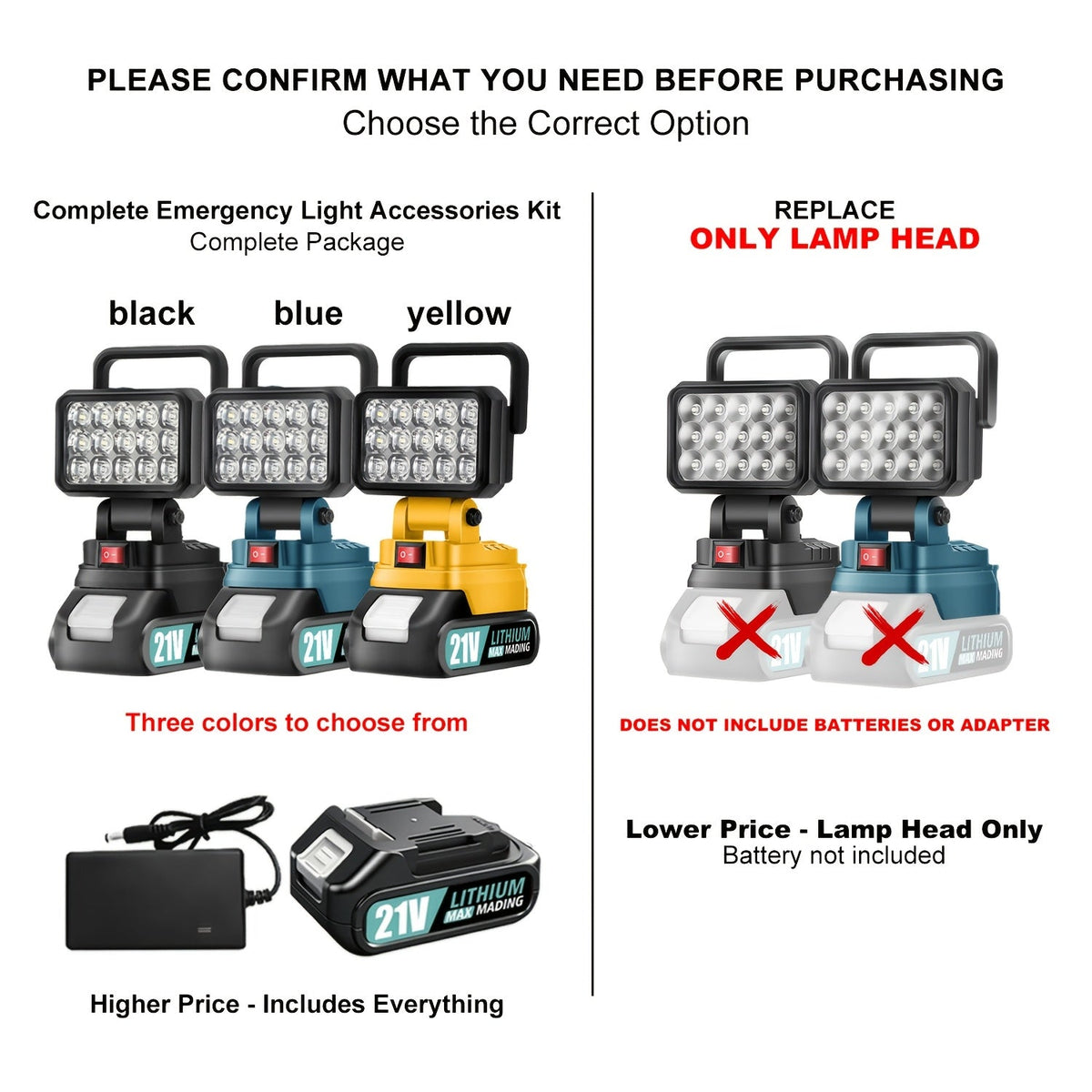 Lampe de travail LED compatible avec batterie Makita 21V – Lanterne de camping portative haute luminosité, étanchéité IP4X, protection intelligente de la batterie, lampe d'urgence pour coupure de courant, ouragan et randonnée, Noir Jaune Bleu