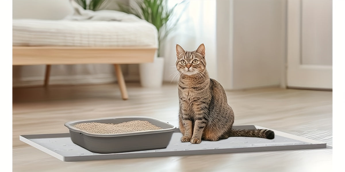 Tapis de litière pour chat en silicone XXL 3-en-1 – Protection de sol lavable et antidérapante avec bords surélevés, retient la litière, les croquettes et les miettes, tapis d'alimentation pliable pour chats, 86 x 56 cm, gris clair et gris foncé