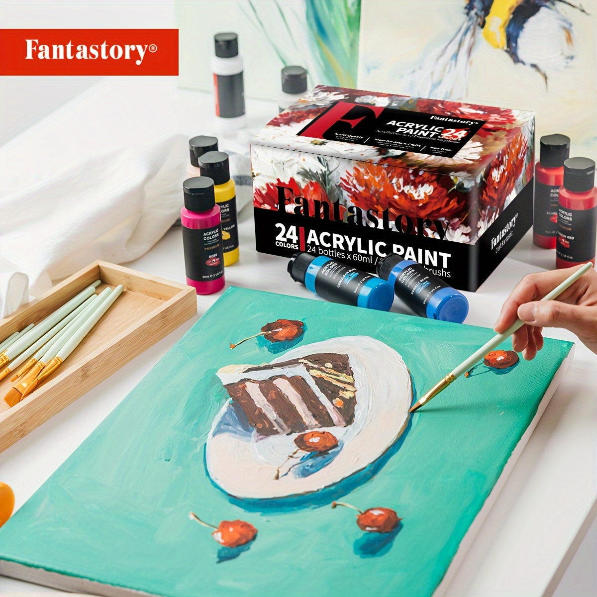 Ensemble de peinture acrylique professionnelle, 24 couleurs, grand format 60 ml, avec 12 pinceaux – Peintures acryliques riches en pigments et épaisses pour toile, bois, pierre, verre et céramique – Fournitures d'art pour débutants et artistes