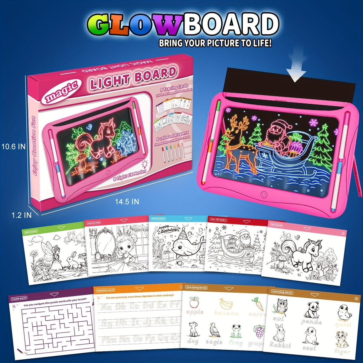 Tablette à dessin lumineuse LED pour enfants de 3 à 8 ans – Kit d’art phosphorescent avec 9 cartes recto-verso et 6 marqueurs, jouet éducatif de voyage, cadeau d'anniversaire et de Noël pour filles et garçons
