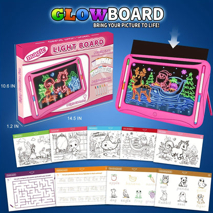 Tablette à dessin lumineuse LED pour enfants de 3 à 8 ans – Kit d’art phosphorescent avec 9 cartes recto-verso et 6 marqueurs, jouet éducatif de voyage, cadeau d'anniversaire et de Noël pour filles et garçons