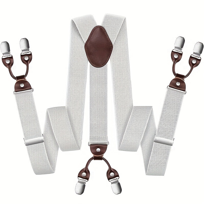 Bretelles pour homme en Y, cuir PU, robustes, avec 6 pinces métalliques – Style vintage élastique et réglable, noir, gris, bleu marine, blanc, café, beige, rouge vin, tenue décontractée et formelle