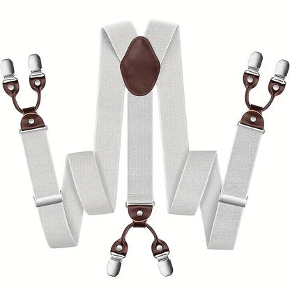 Bretelles pour homme en Y, cuir PU, robustes, avec 6 pinces métalliques – Style vintage élastique et réglable, noir, gris, bleu marine, blanc, café, beige, rouge vin, tenue décontractée et formelle