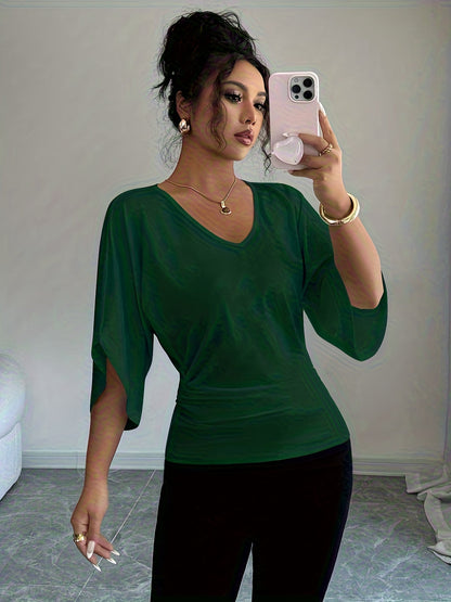 Haut en maille à col en V et manches chauve-souris pour femme - T-shirt chemisier décontracté à coupe ample, manches trois-quarts et taille haute pour le printemps, l'été et l'automne, pull mi-long polyvalent, blanc noir, tailles XS-XL