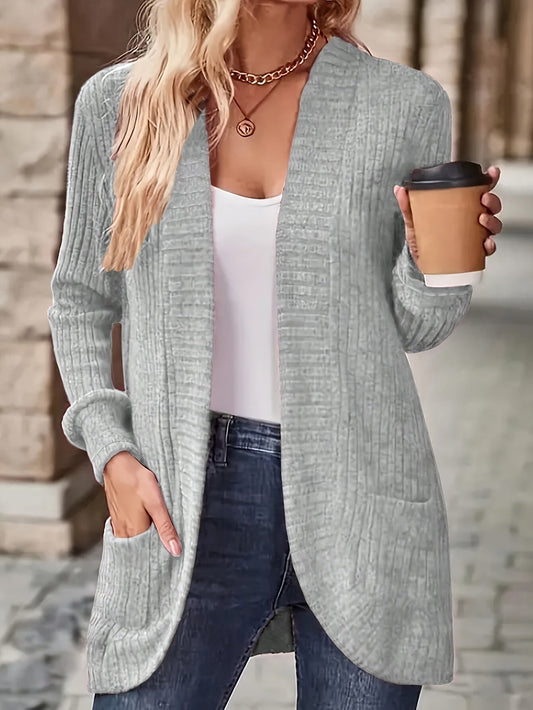 Gilet ouvert pour femme avec poches, cardigan décontracté en tricot à manches longues et couleur unie, manteau léger, gris clair noir S M L XL, vêtement d'extérieur à superposer