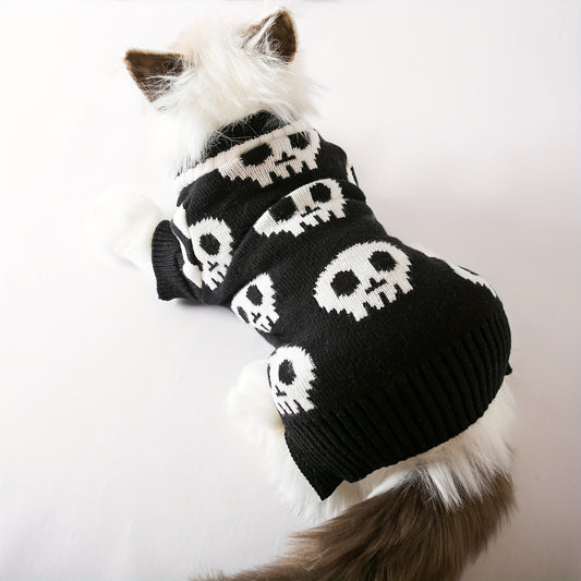 Pull pour chien Halloween motif tête de mort noir - Tricot thermique pour petits et moyens chiens, manteau d'automne et d'hiver lavable en machine pour Chihuahuas, Yorkies et Poméraniens, costume d'Halloween festif pour animaux (S/M/L)