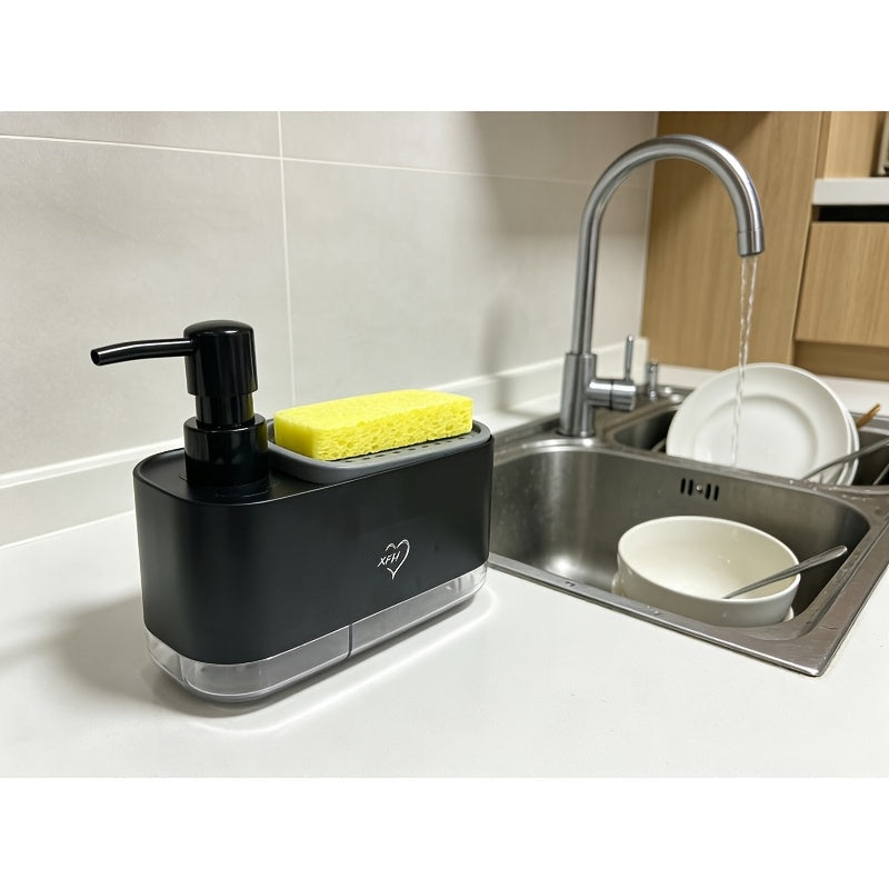 Distributeur de savon 2-en-1 avec porte-éponge intégré pour évier de cuisine – Distributeur à pompe pour comptoir pour savon à mains et vaisselle, distributeur de détergent, recharge facile, organisateur de cuisine idéal