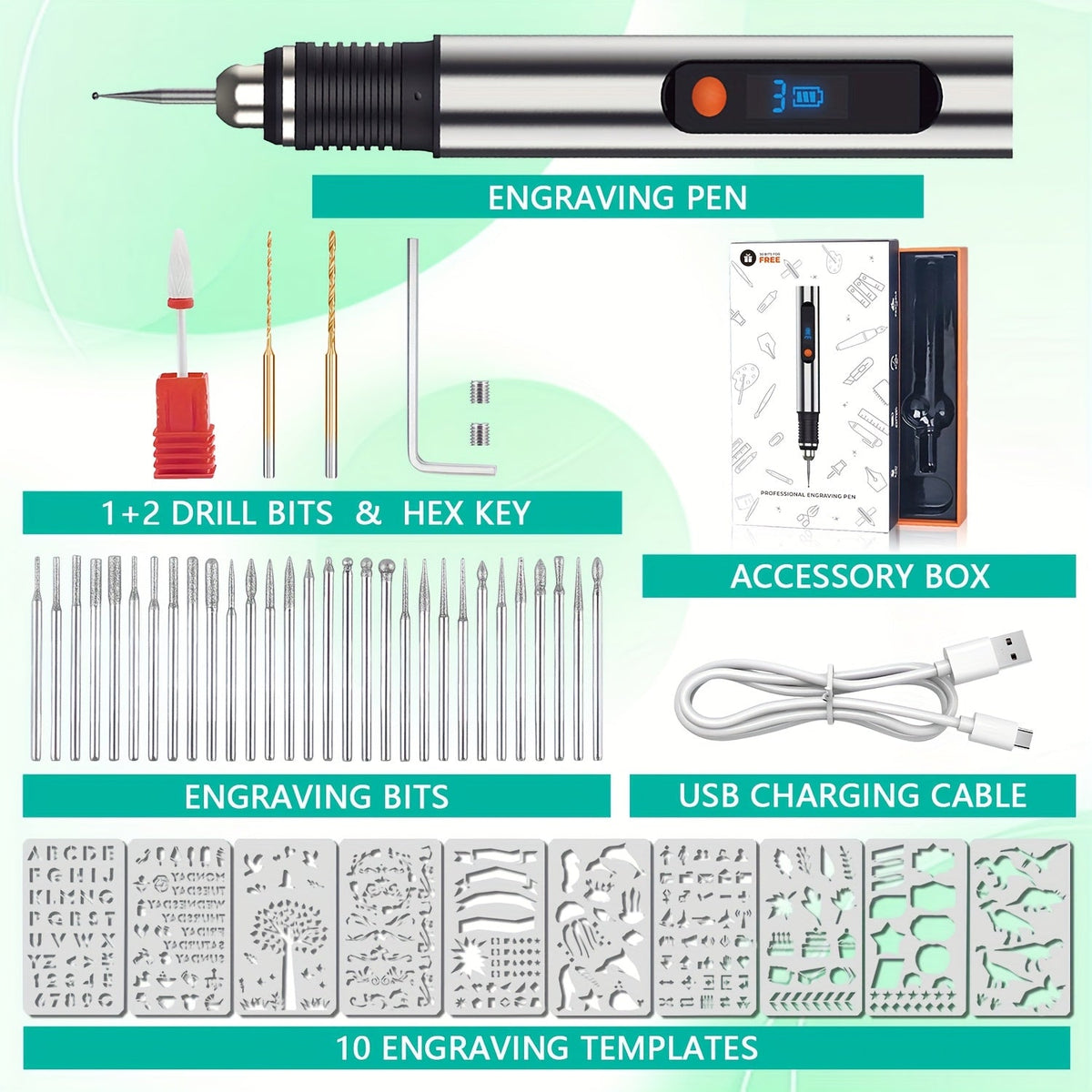 Kit de stylo de gravure électrique avec 57 accessoires - Graveur sans fil rechargeable par USB, 21 000 tr/min, 3 vitesses, 90 min d'autonomie, pour métal, verre, bois, pierre et bijoux - Cadeau de bricolage