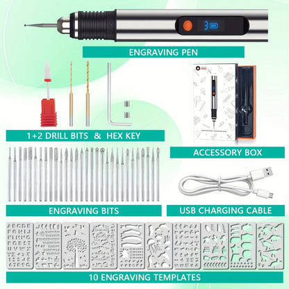 Kit de stylo de gravure électrique avec 57 accessoires - Graveur sans fil rechargeable par USB, 21 000 tr/min, 3 vitesses, 90 min d'autonomie, pour métal, verre, bois, pierre et bijoux - Cadeau de bricolage