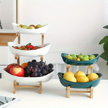 2-3 Tier Fruit Bowl Stand for Kitchen Counter – Tiered Fruit Basket with Bread Tray & Candy Display, Space-Saving Countertop Organizer for Living Room, Easy Assembly, Great Birthday & Mother's Day Gift (White/Green)