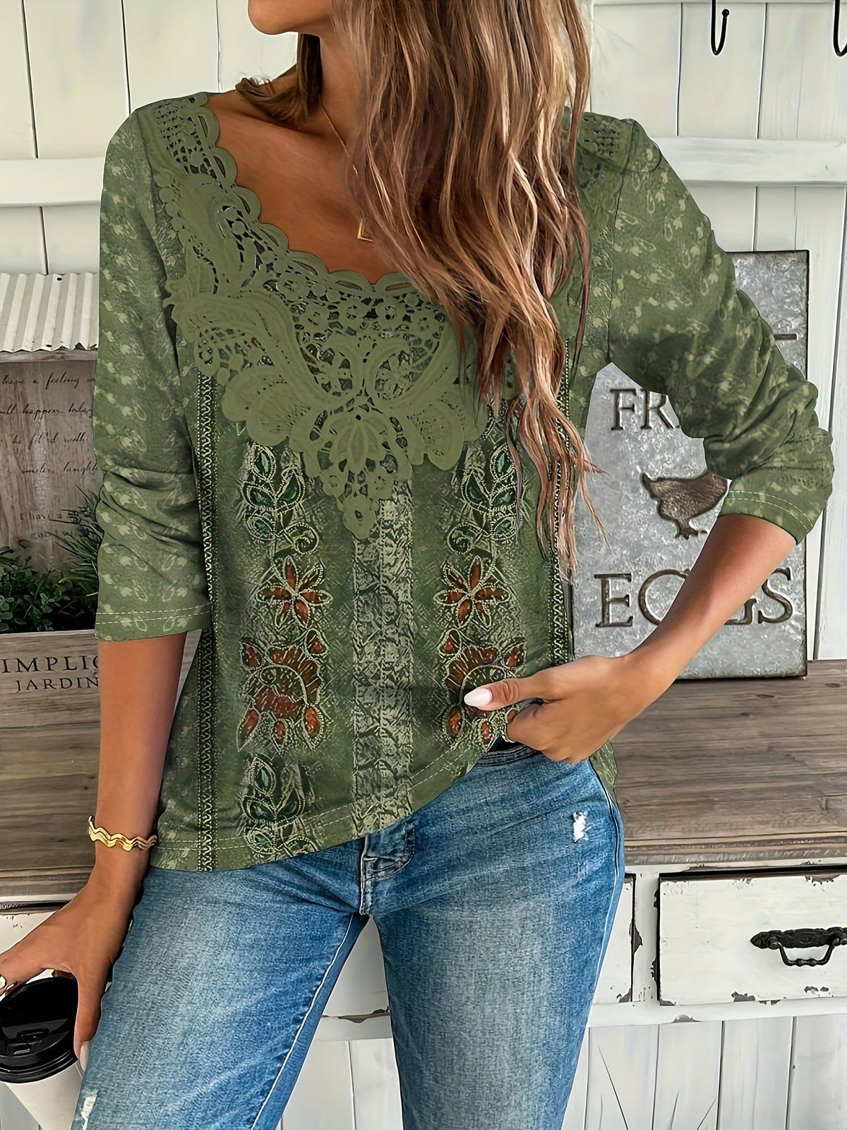 T-shirt élégant et décontracté à manches longues pour femme avec col en dentelle et imprimé floral - Chemisier en maille polyester à motif inspiré de la nature pour le printemps, l'automne, le quotidien et les tenues de bureau