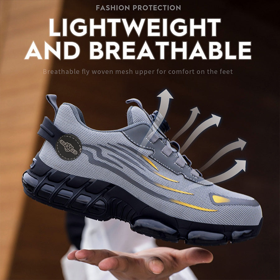 Chaussures de sécurité à embout d'acier pour hommes et femmes – Baskets de protection légères et respirantes avec semelle antidérapante, bout rond, coupe basse – Idéales pour la construction, l'entrepôt, l'extérieur et le camping (Noir/Gris, US 5–12,5)
