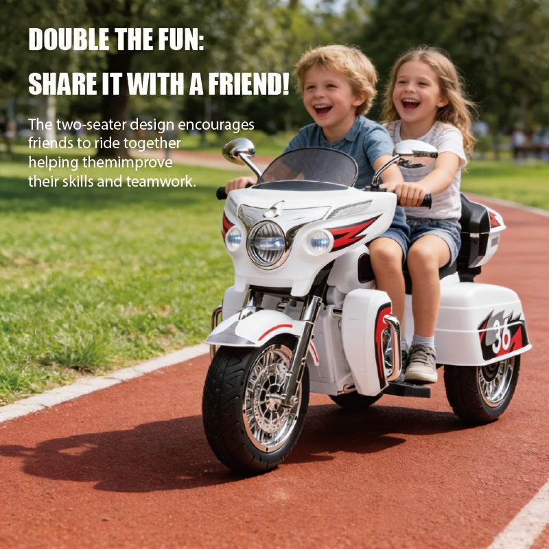 Moto électrique pour enfants 12V à 2 places avec 3 roues, Bluetooth, USB, lumières LED et coffre de rangement, sûre et durable, pour garçons et filles de 3 à 8 ans, cadeau d'anniversaire et de Noël, noir, blanc, rouge