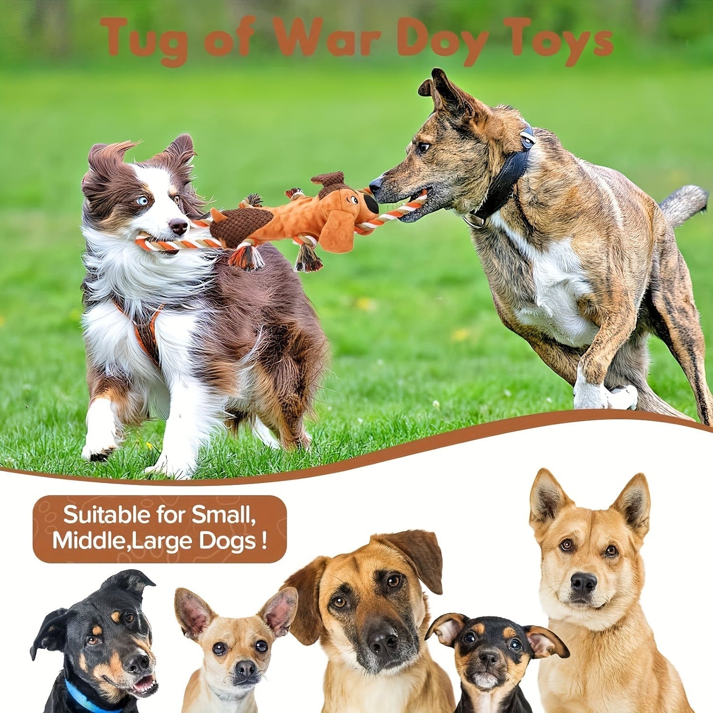 Large Squeaky Plush Dog Toys with Pull Rope & Crinkle Ears for Aggressive Chewers – Interactive Tug of War Chew Toys for Small, Medium & Large Dogs, Bear, Lion & Leopard Designs