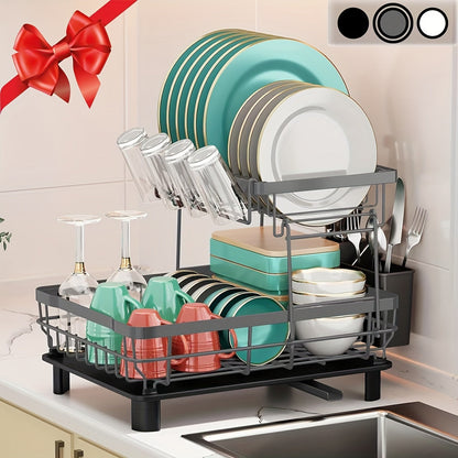 Égouttoir à vaisselle à 2 niveaux avec plateau d'égouttage et porte-ustensiles amovible – Égouttoir grande capacité pour comptoir de cuisine, égouttoir pour vaisselle, ustensiles de cuisine et couverts – Design peu encombrant