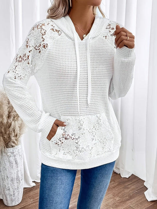 Haut à capuche et manches raglan avec bordure en dentelle pour femme – Pull à capuche décontracté en maille, 95 % polyester, extensible et confortable pour le quotidien