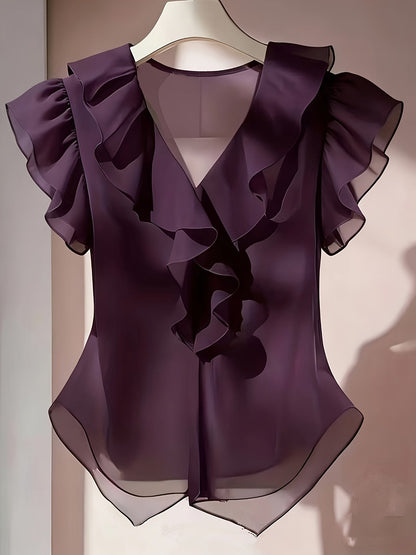 Haut femme en mousseline à manches courtes et volants – Chemisier d'été décontracté coupe évasée, couleur unie, disponible en 21 coloris, 100 % polyester tissé