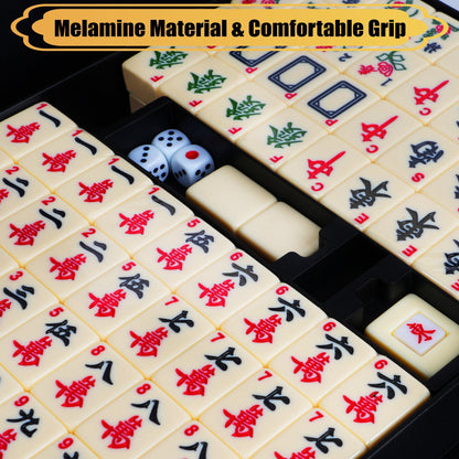 Set de mahjong 36 mm, 146 tuiles en mélamine avec mallette de transport - Tuiles pleine grandeur 3,5 cm blanc ivoire, chiffres arabes, dés, indicateurs de vent et instructions, cadeau de soirée de jeux en famille pour adultes