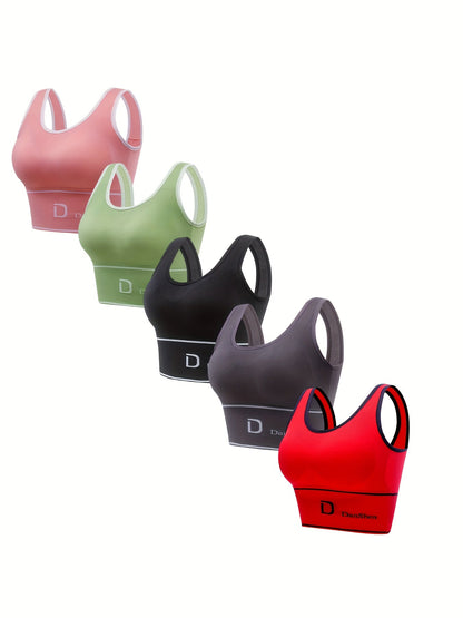 Lot de 5 brassières de sport sans fil – Brassière en nylon haute élasticité à couvrance totale pour yoga, course à pied, salle de sport, respirante et lavable en machine, couleurs assorties, imprimé DANSHEER, pack de brassières de sport pour femmes