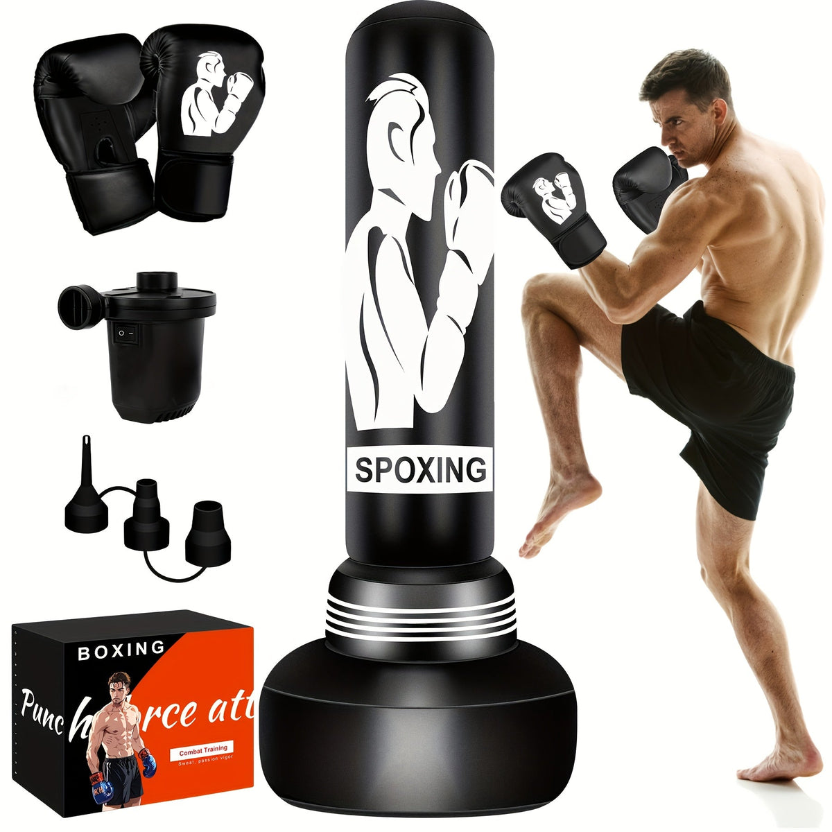 Sac de frappe sur pied 178 cm avec gants de boxe et pompe à air électrique | Sac de frappe gonflable pour adultes, hommes, femmes et adolescents | Gym à domicile, MMA, Muay Thai, kickboxing, entraînement fitness | Noir