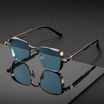 Lunettes de soleil carrées rétro steampunk pour hommes et femmes – Monture en métal vintage, verres dégradés verts, protection UV400, lunettes de fête, streetwear et festival avec étui et chiffon, idée cadeau unique