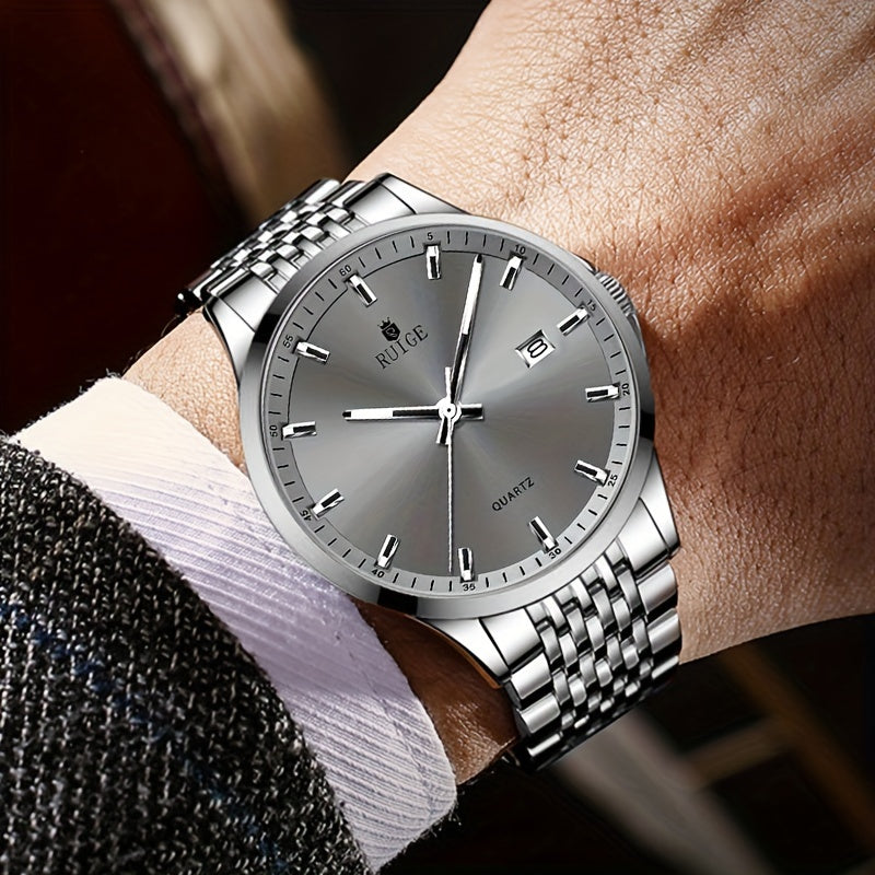 Montre à quartz de luxe pour homme RUIGE en acier inoxydable avec calendrier, fonction nocturne et strass - Montre sport, habillée et décontractée pour homme, cadeau pour lui