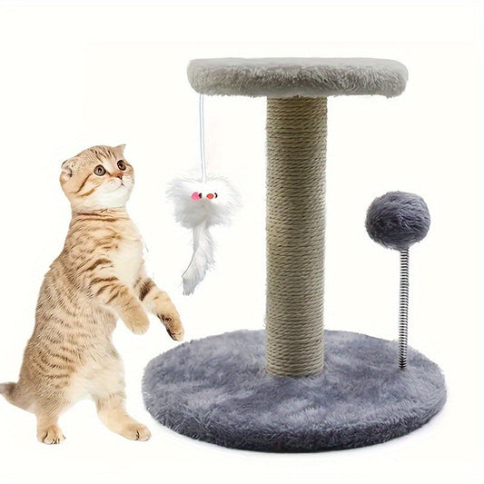 Arbre à chat avec griffoir, souris suspendue et balle sur ressort, tour d'activité pour chatons et jeunes chats, blanc, gris, marron
