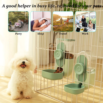 Ensemble distributeur de nourriture et d'eau suspendu pour animaux 1L - Distributeur automatique par gravité pour chats, chiens, lapins, chinchillas, furets et hérissons - Station de nourrissage sans pile à fixer à la cage (vert)