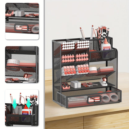 Organisateur de bureau en maille avec tiroir et porte-stylo – Rangement pour crayons pour bureau, école et atelier d'art, design en maille respirante, disponible en noir, jaune et bleu