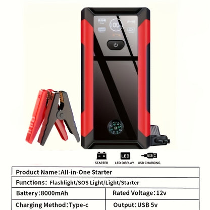Démarreur de voiture portable 7-en-1 10000mAh – Batterie de secours multifonction avec lampe d'urgence LED pour moteurs essence (10 L) et diesel (9 L), kit d'outils d'urgence pour voiture