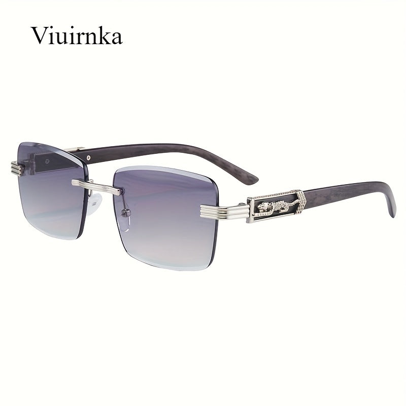 Lunettes de soleil rectangulaires vintage sans monture pour hommes et femmes – Lunettes tendance avec branches léopard et protection UV, 7 couleurs de verres, lunettes unisexes stylées pour l'extérieur, la conduite, les voyages, les fêtes et le quotidien