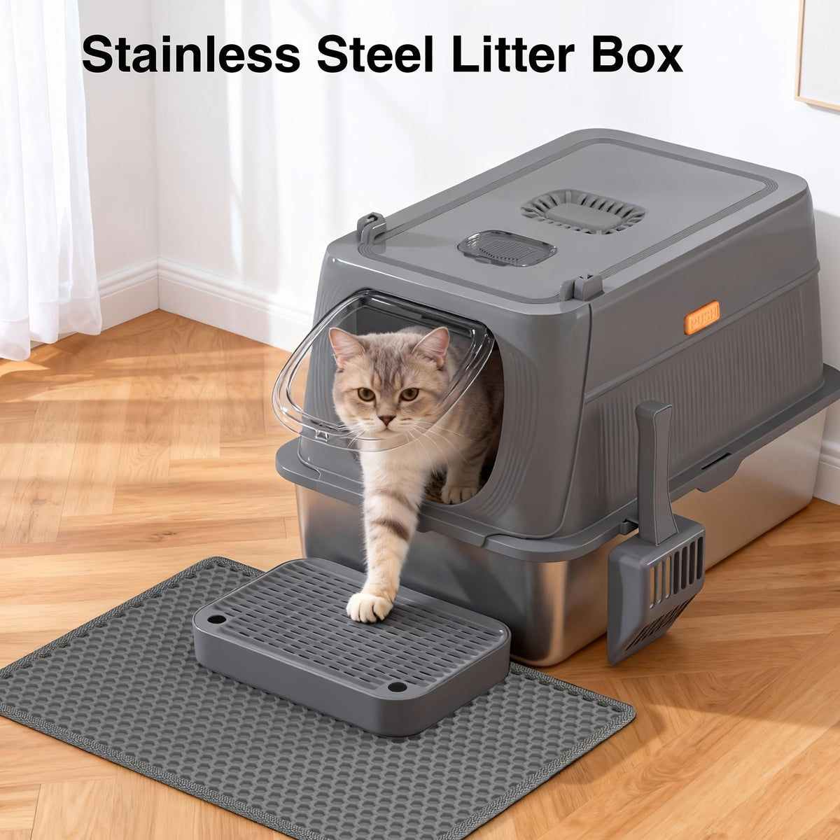 Bac à litière pour chat surdimensionné en acier inoxydable avec couvercle, toilette intérieure pliable anti-éclaboussures avec porte à rabat avant et contrôle supérieur des odeurs