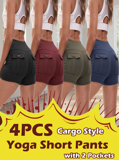 Ensemble de 4 shorts de yoga ultra-extensibles pour femmes – Shorts de fitness galbants à séchage rapide avec taille élastique et 2 poches, short de sport uni pour la gym, la course et le Pilates, S-XXL