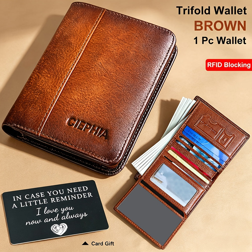 Portefeuille pour homme en cuir véritable avec protection RFID, trois volets, cuir de vachette vintage, porte-cartes de crédit, 2 fenêtres pour carte d'identité, pince à billets, emplacements pour espèces, cadeau de fête des pères pour papa ou mari