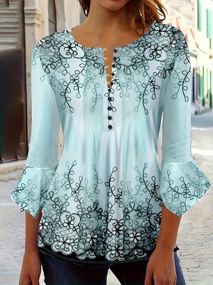 Chemisier boutonné à motif floral pour femme, haut tunique décontracté à manches évasées et volants, tissu en maille extensible doux, printemps, été, automne, S-XXL, lavable en machine